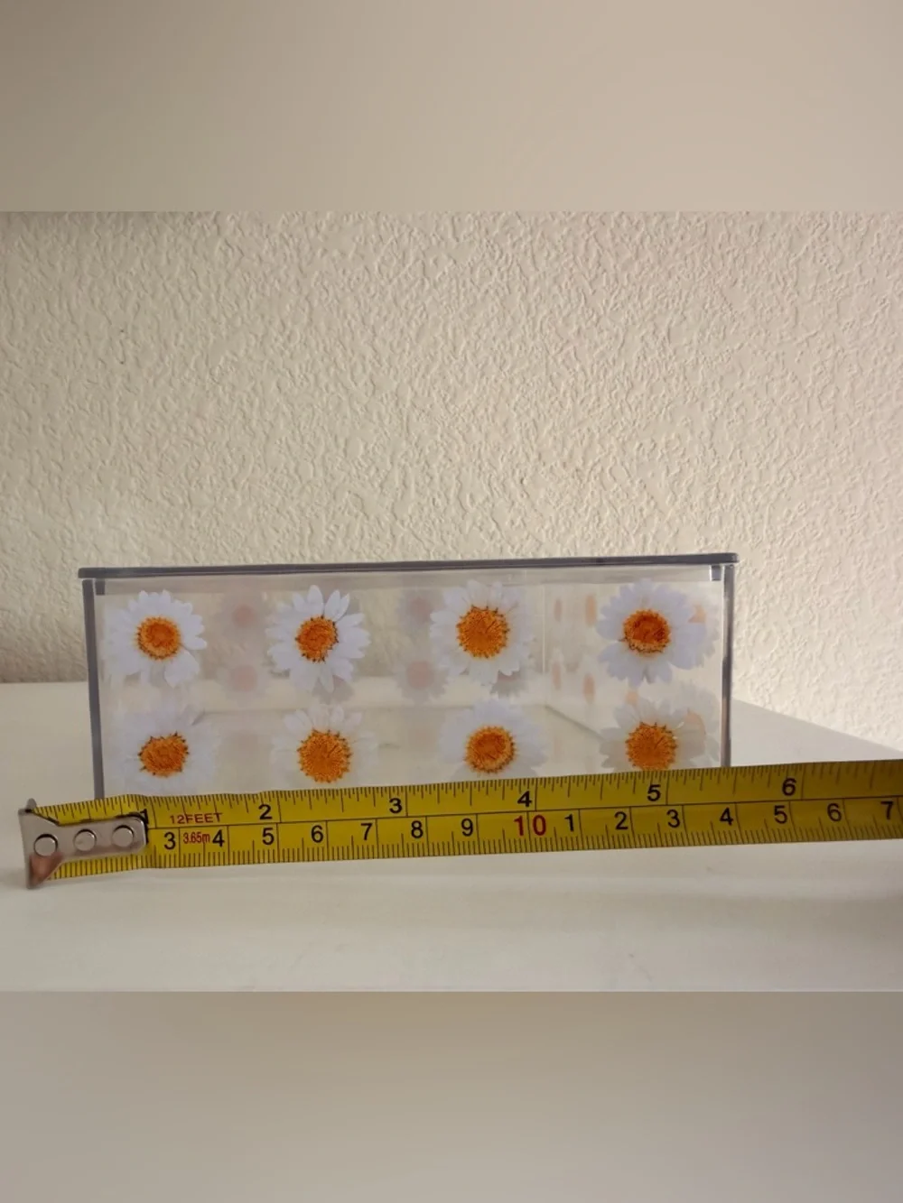 Clear Acrylic Daisy Storage Box - White & Orange Daisy Print